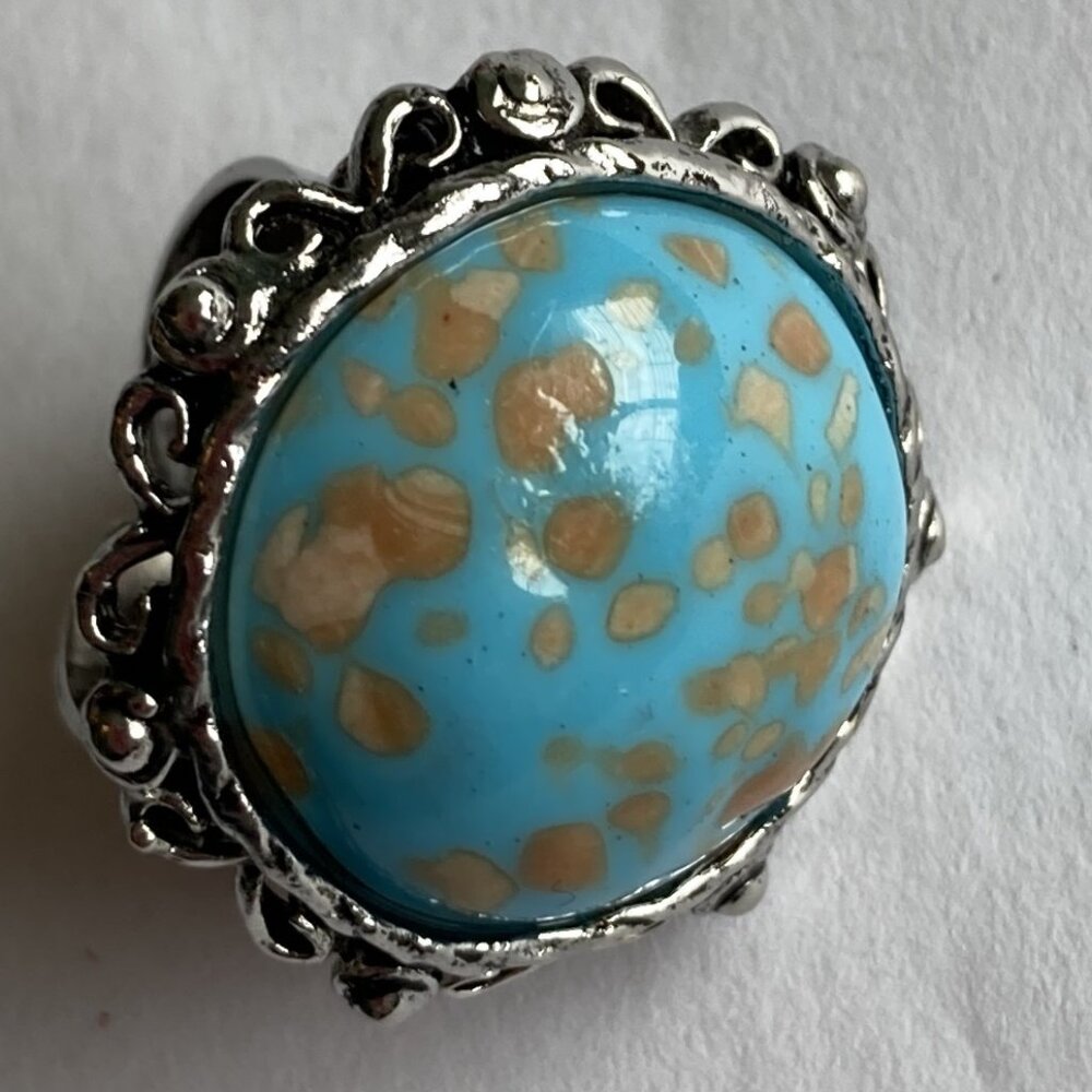 Faux Turquoise Silver Tone Vintage Ring - Adjustable